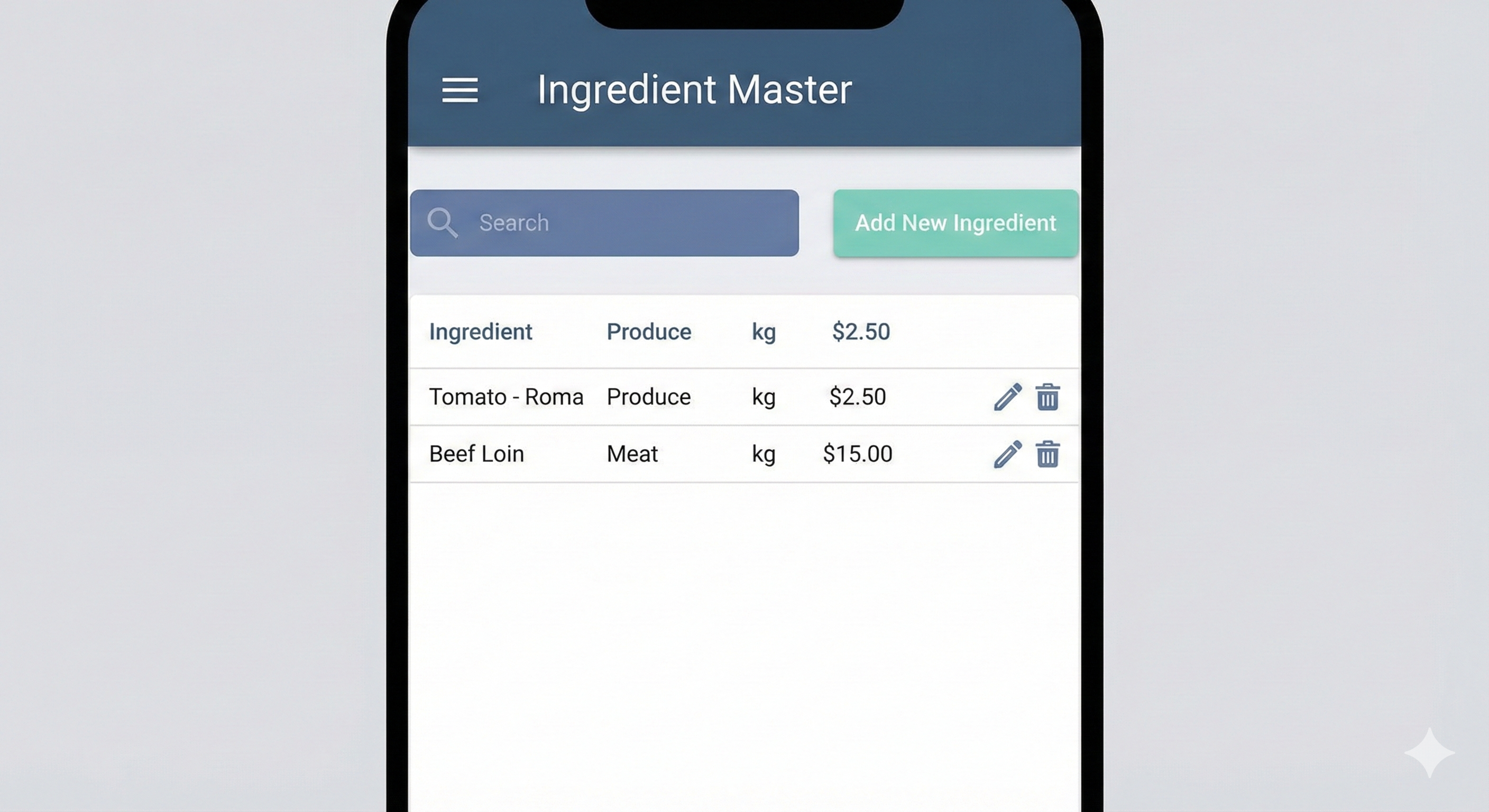 Ingredient Master List Screen